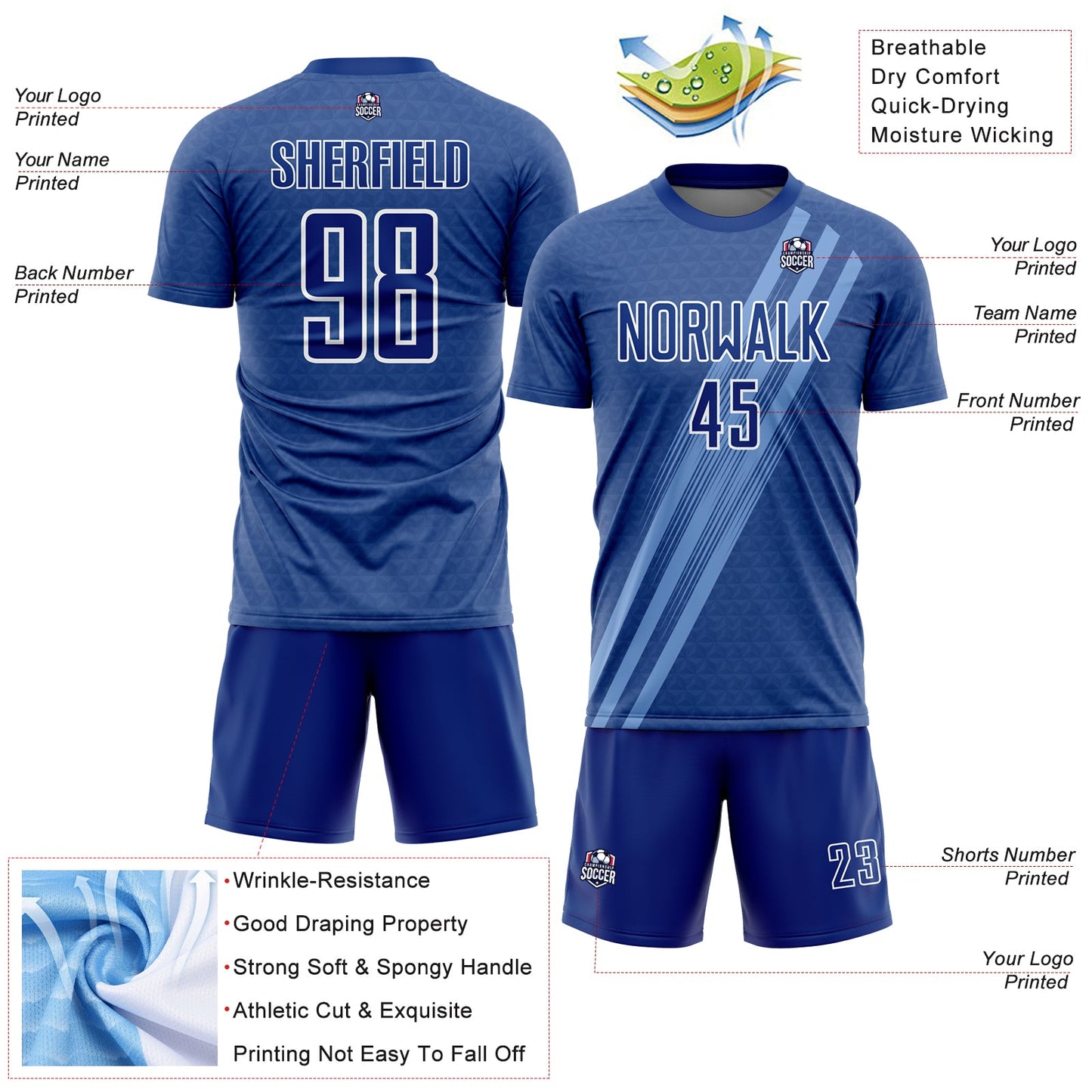 Custom Royal White Diagonal Lines Sublimation Soccer Uniform Jersey - Sky-Custom