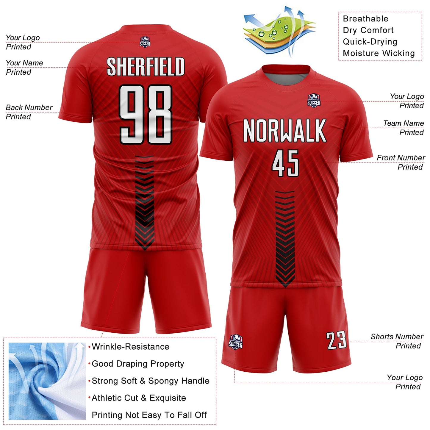 Custom Red White-Black Arrow Shapes Sublimation Soccer Uniform Jersey - Sky-Custom