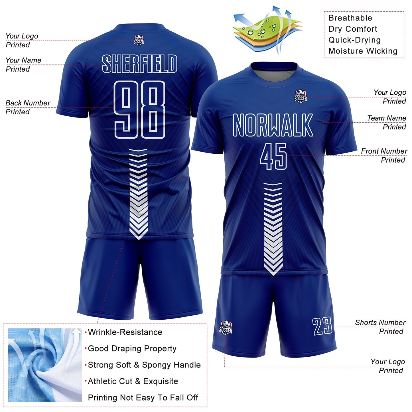 Custom Royal White Arrow Shapes Sublimation Soccer Uniform Jersey - Sky-Custom