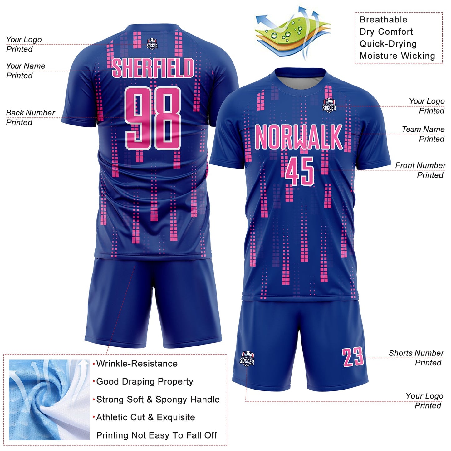 Custom Royal Pink-White Geometric Shapes Sublimation Soccer Uniform Jersey - Sky-Custom