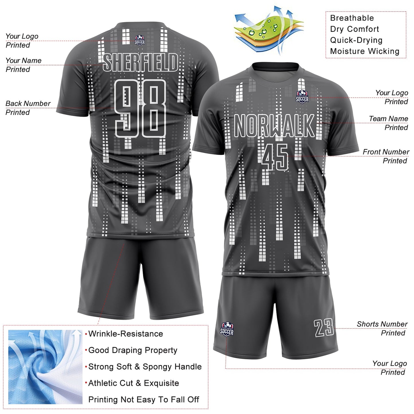 Custom Steel Gray White Geometric Shapes Sublimation Soccer Uniform Jersey - Sky-Custom