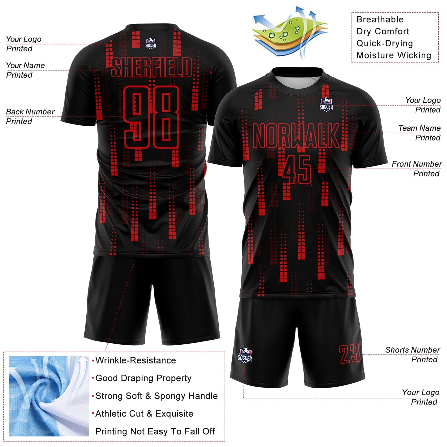 Custom Black Red Geometric Shapes Sublimation Soccer Uniform Jersey - Sky-Custom
