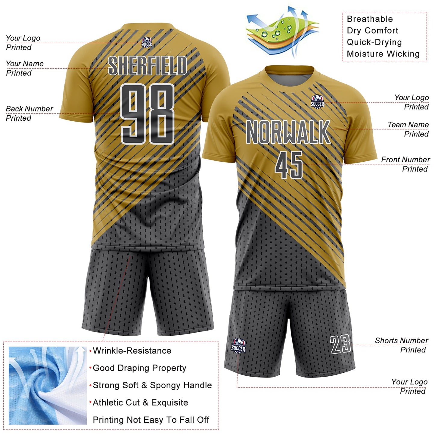 Custom Old Gold Steel Gray White Diagonal Lines Sublimation Soccer Uniform Jersey - Sky-Custom