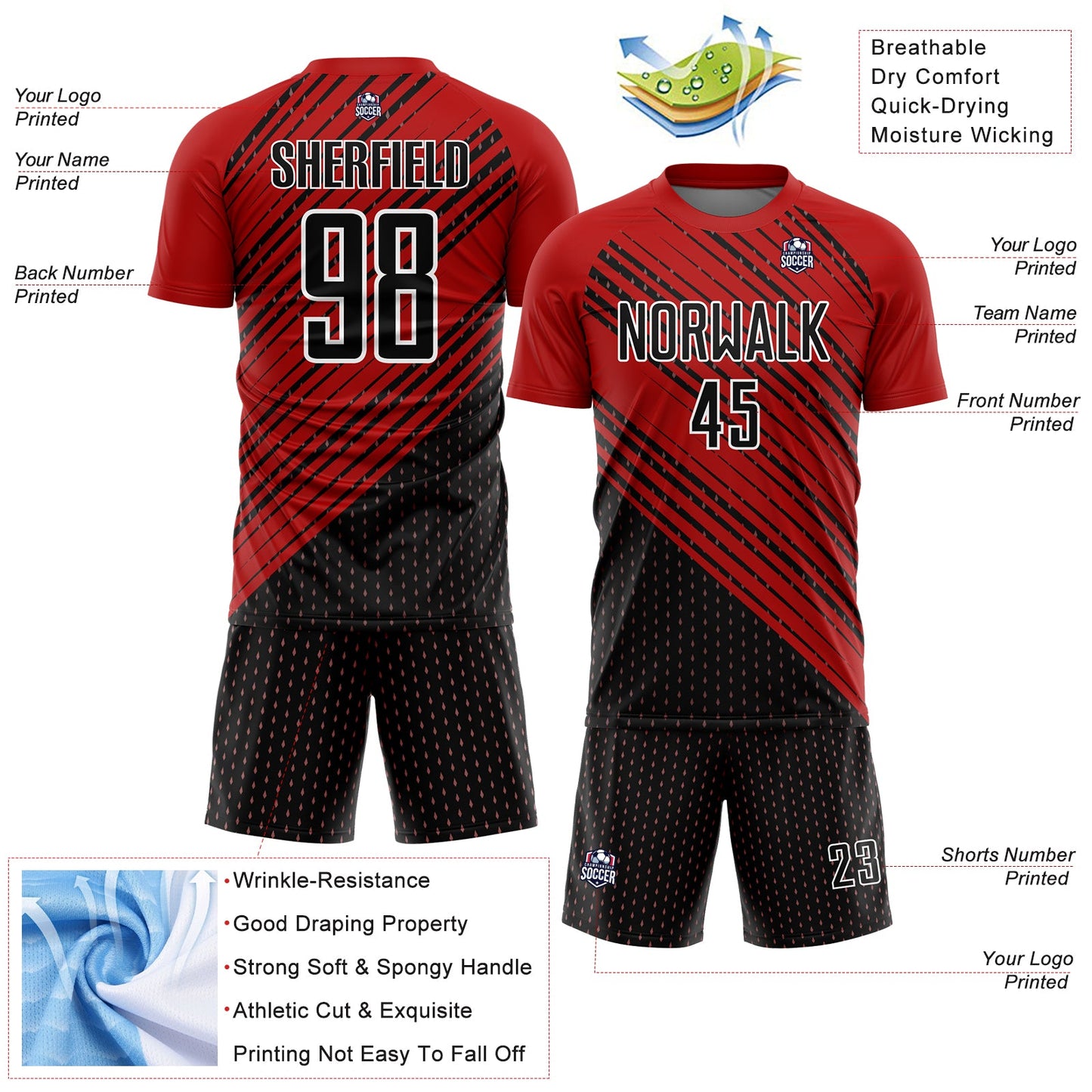 Custom Red Black-White Diagonal Lines Sublimation Soccer Uniform Jersey - Sky-Custom