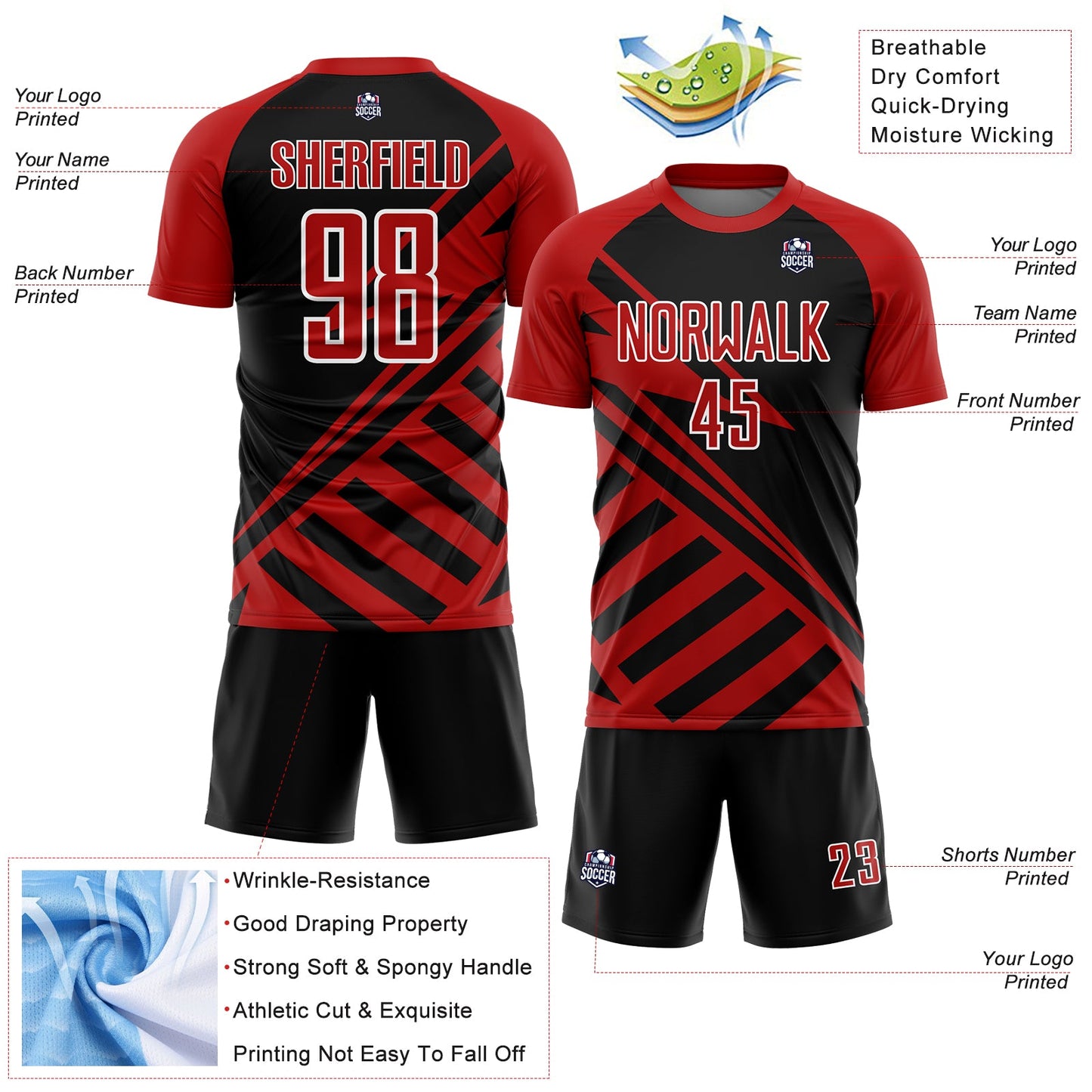Custom Black Red-White Lines Sublimation Soccer Uniform Jersey - Sky-Custom
