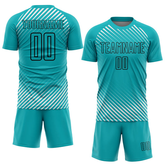 Custom Aqua Black Diagonal Lines Sublimation Soccer Uniform Jersey - Sky-Custom