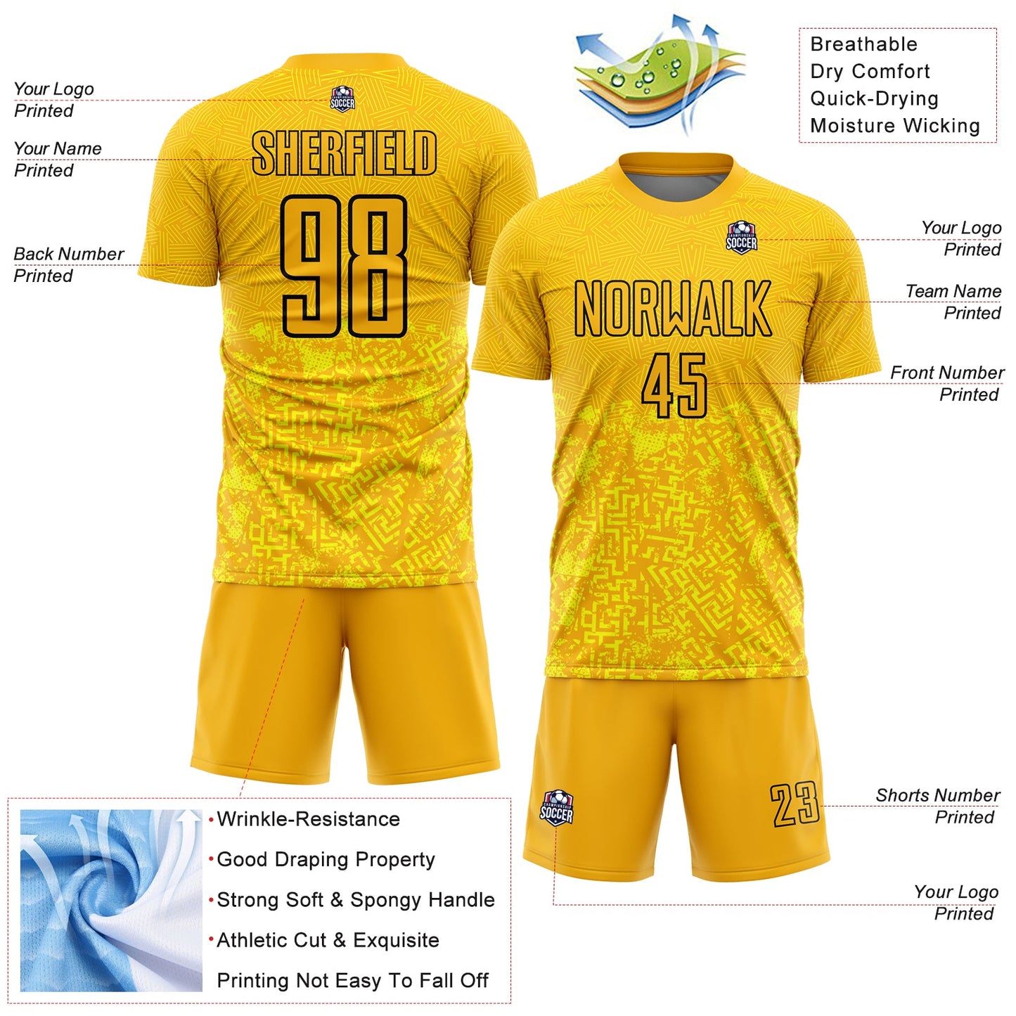 Custom Gold Black Geometric Shapes Sublimation Soccer Uniform Jersey - Sky-Custom