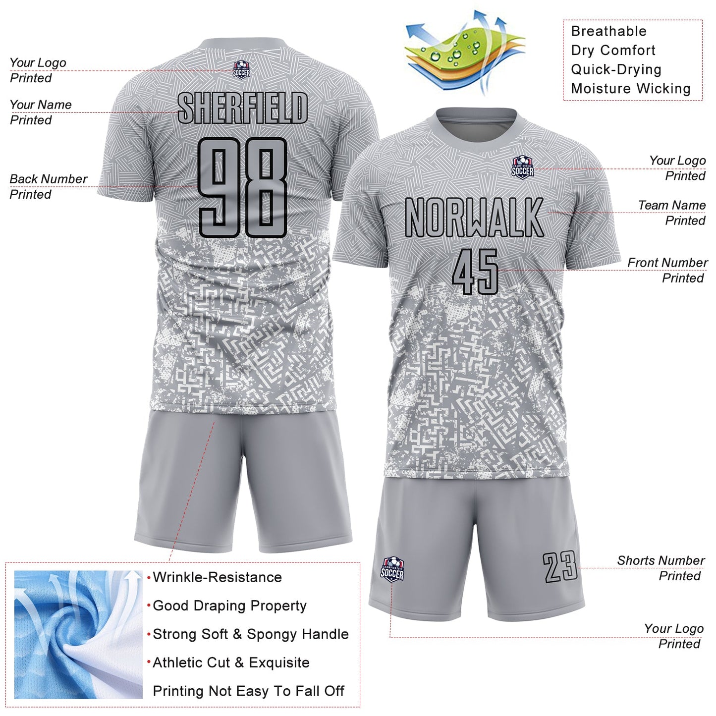 Custom Gray Black Geometric Shapes Sublimation Soccer Uniform Jersey - Sky-Custom