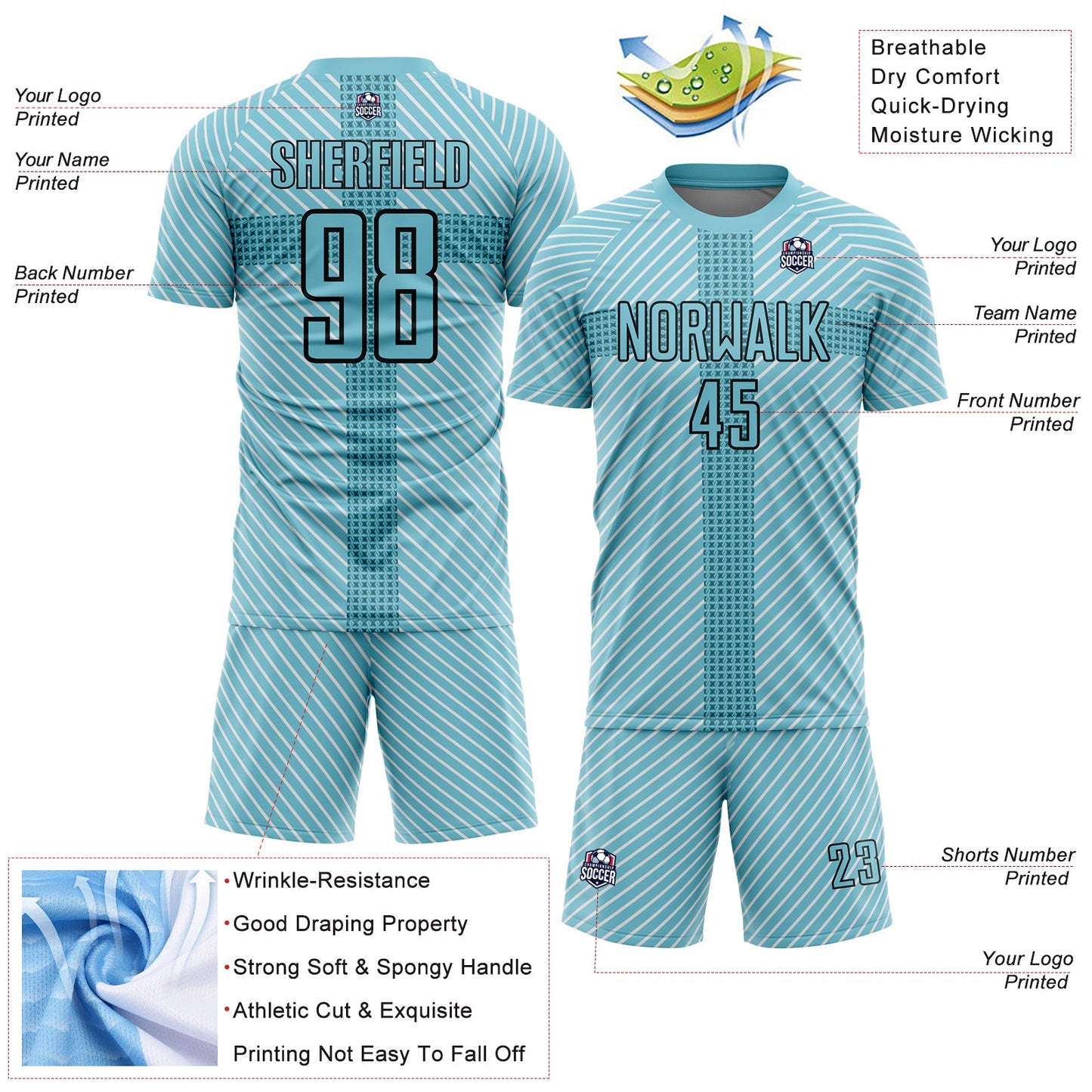 Custom Panther Blue Black Geometric Shapes Sublimation Soccer Uniform Jersey - Sky-Custom