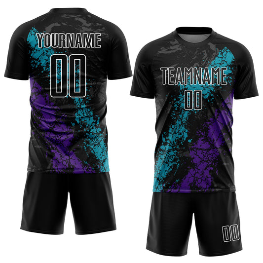 Custom Black Teal-Purple Dripping Splatter Art Sublimation Soccer Uniform Jersey - Sky-Custom