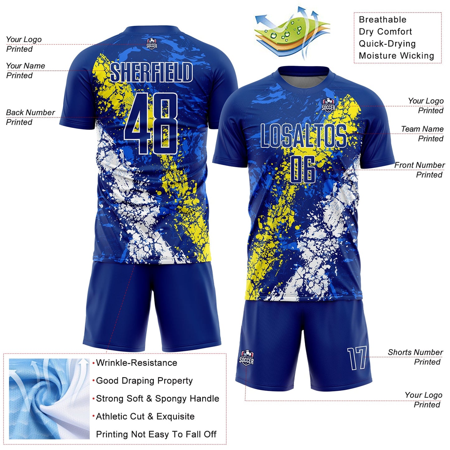 Custom Royal Light Yellow-White Dripping Splatter Art Sublimation Soccer Uniform Jersey - Sky-Custom
