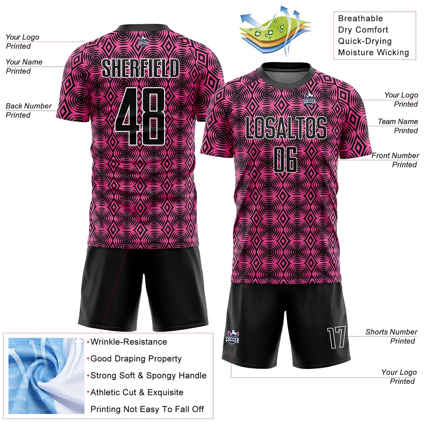 Custom Pink Black-White Geometric Shapes Sublimation Soccer Uniform Jersey - Sky-Custom