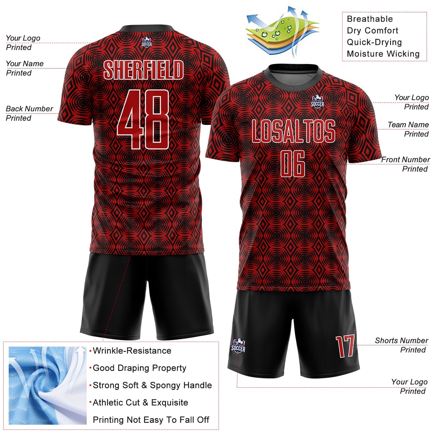 Custom Red Black-White Geometric Shapes Sublimation Soccer Uniform Jersey - Sky-Custom