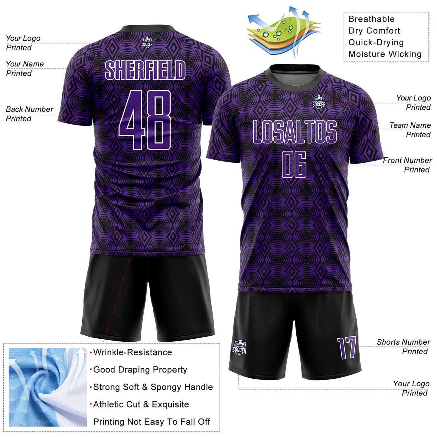 Custom Purple Black-White Geometric Shapes Sublimation Soccer Uniform Jersey - Sky-Custom