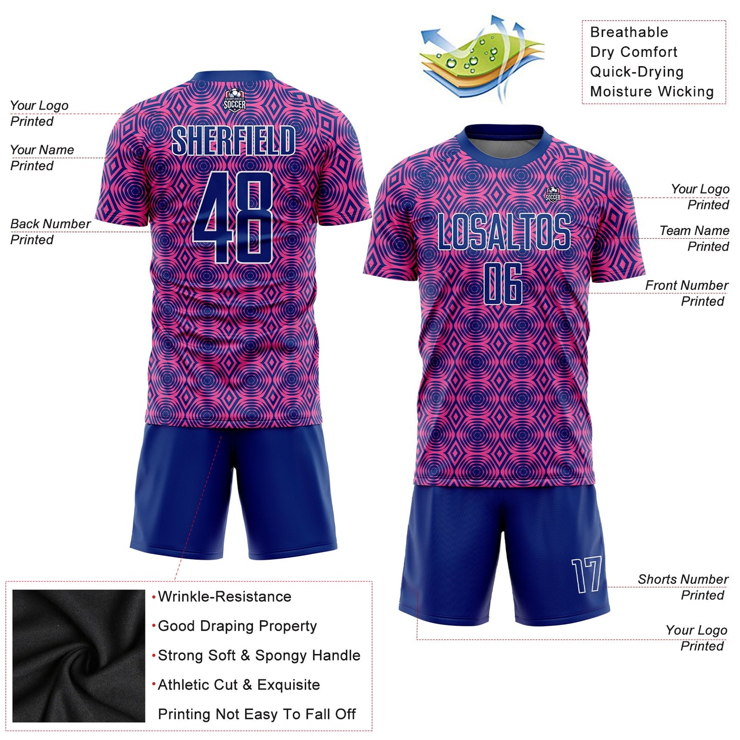 Custom Pink Royal-White Geometric Shapes Sublimation Soccer Uniform Jersey - Sky-Custom