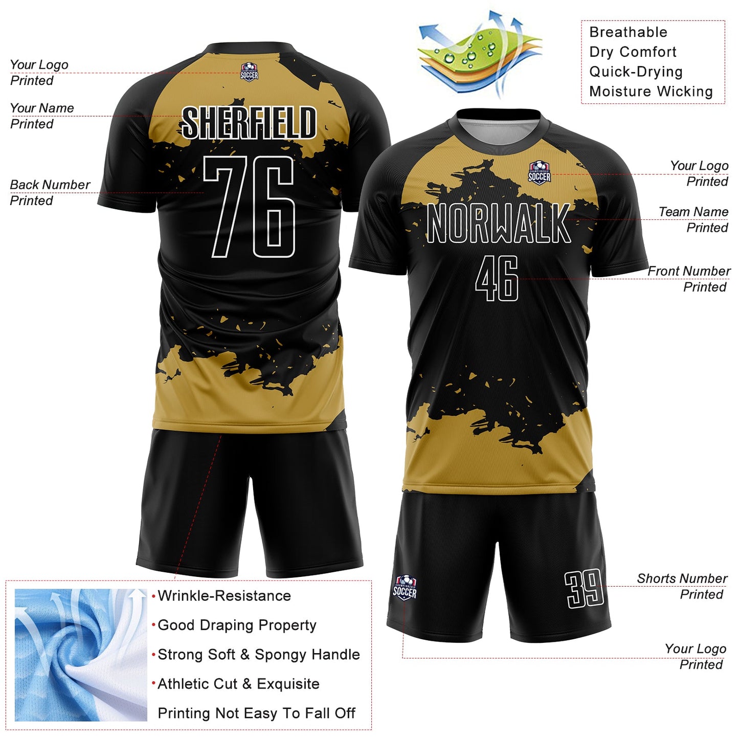 Custom Black Old Gold-White Abstract Fragment Art Sublimation Soccer Uniform Jersey - Sky-Custom