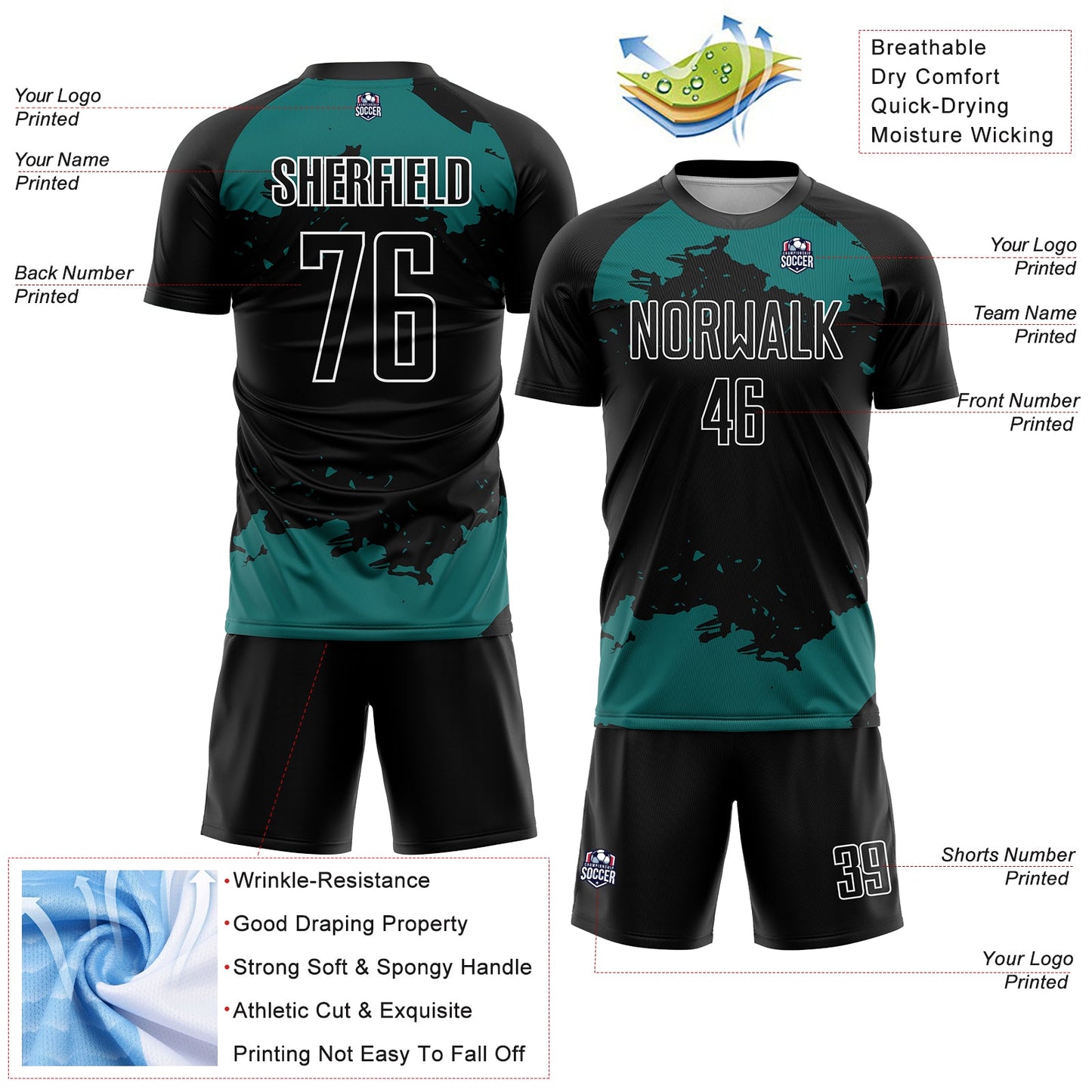 Custom Black Teal-White Abstract Fragment Art Sublimation Soccer Uniform Jersey - Sky-Custom