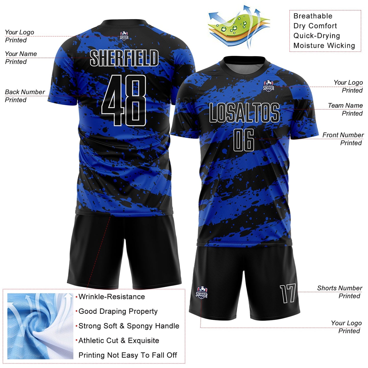 Custom Black Thunder Blue-White Splash Sublimation Soccer Uniform Jersey - Sky-Custom