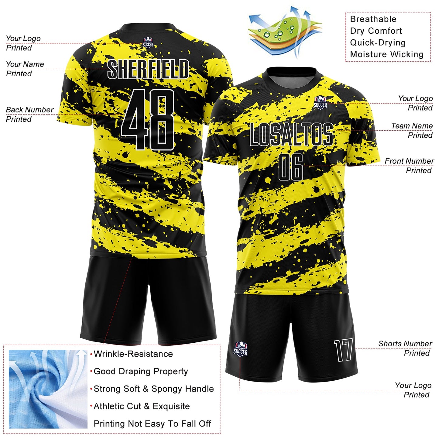 Custom Black Light Yellow-White Splash Sublimation Soccer Uniform Jersey - Sky-Custom