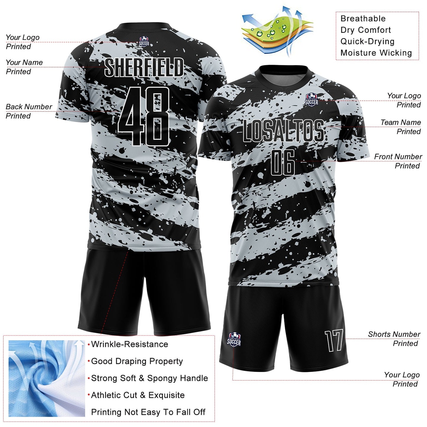 Custom Black Light Gray-White Splash Sublimation Soccer Uniform Jersey - Sky-Custom