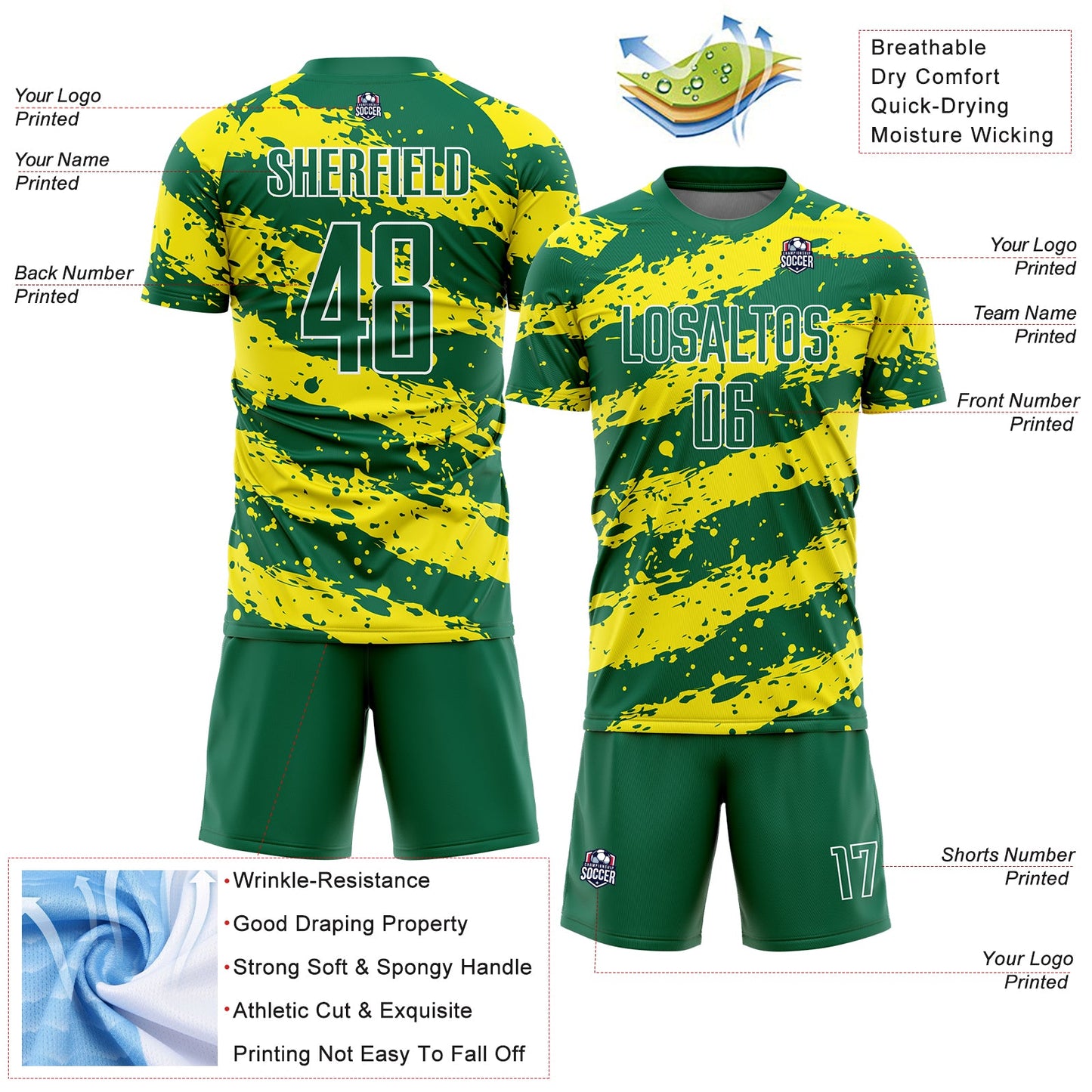Custom Kelly Green Light Yellow-White Splash Sublimation Soccer Uniform Jersey - Sky-Custom