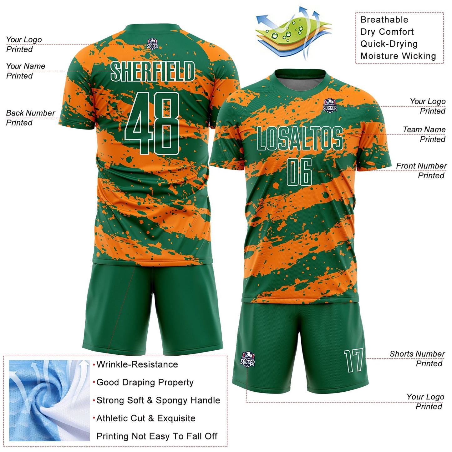 Custom Kelly Green Bay Orange-White Splash Sublimation Soccer Uniform Jersey - Sky-Custom