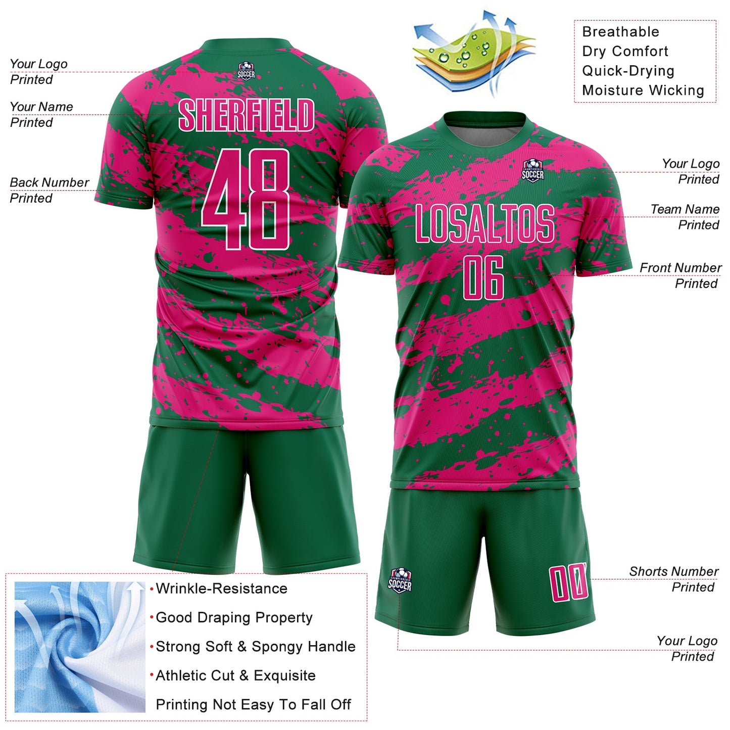 Custom Kelly Green Hot Pink-White Splash Sublimation Soccer Uniform Jersey - Sky-Custom