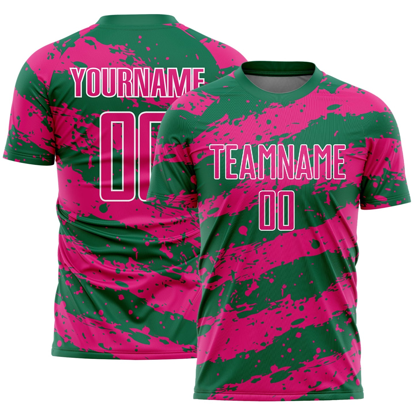 Custom Kelly Green Hot Pink-White Splash Sublimation Soccer Uniform Jersey - Sky-Custom