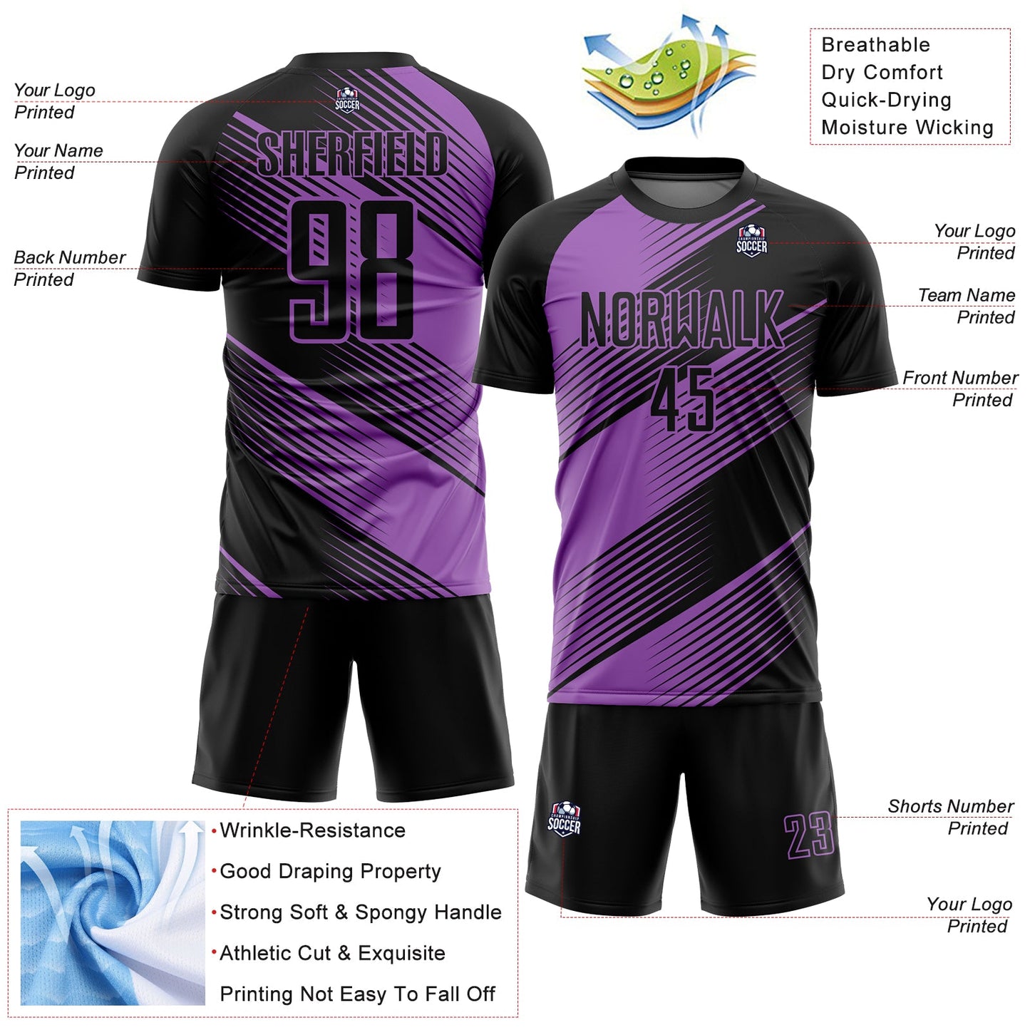 Custom Black Medium Purple Line Sublimation Soccer Uniform Jersey - Sky-Custom