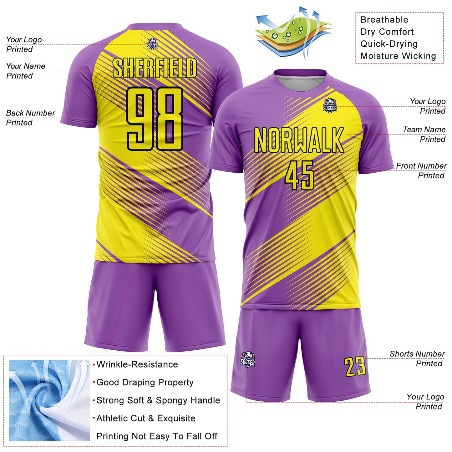 Custom Medium Purple Light Yellow-Black Line Sublimation Soccer Uniform Jersey - Sky-Custom