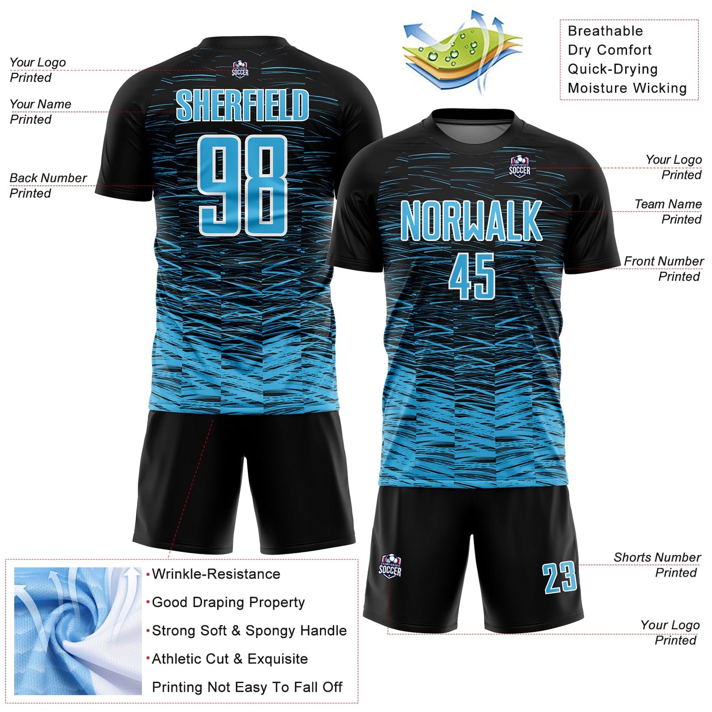 Custom Black Sky Blue-White Line Sublimation Soccer Uniform Jersey - Sky-Custom