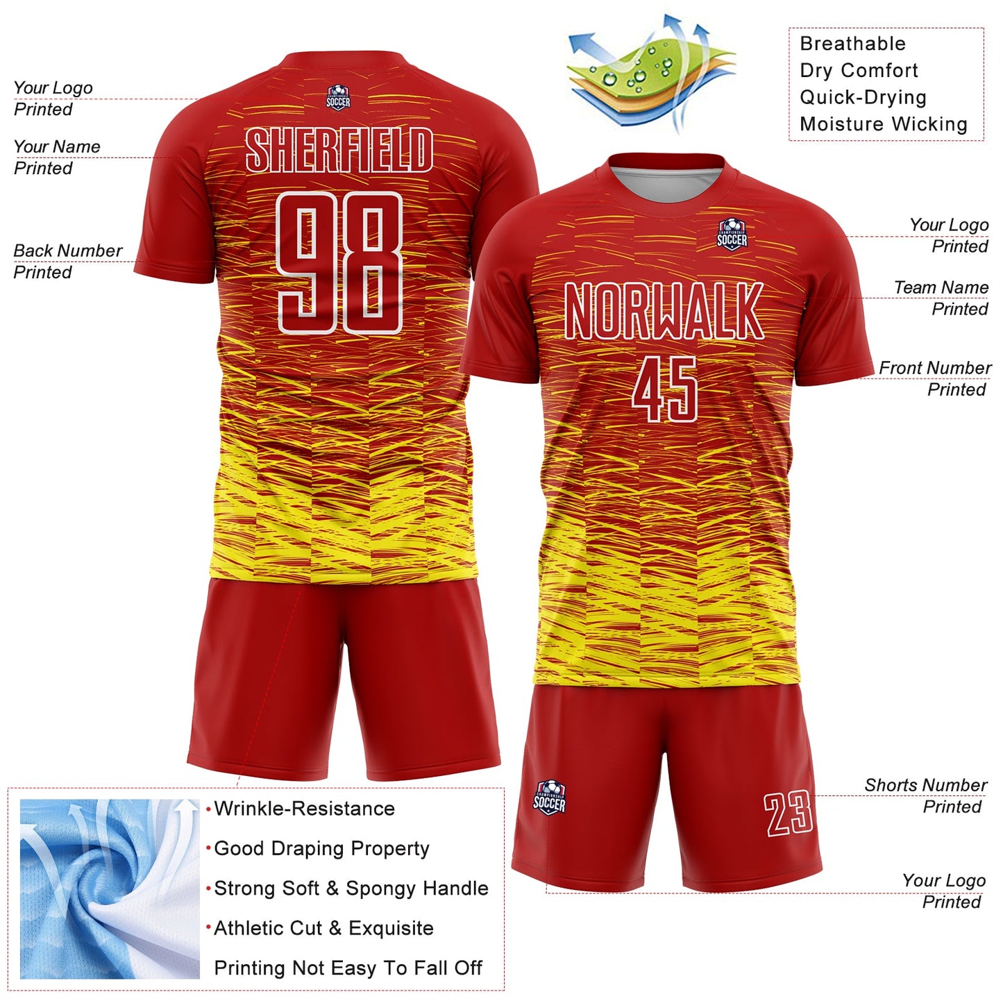 Custom Red Light Yellow-White Line Sublimation Soccer Uniform Jersey - Sky-Custom