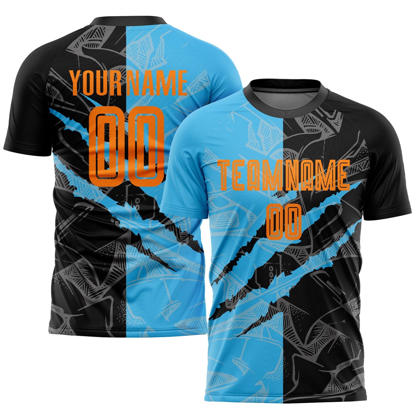 Custom Graffiti Pattern Bay Orange Black-Sky Blue Scratch Sublimation Soccer Uniform Jersey - Sky-Custom