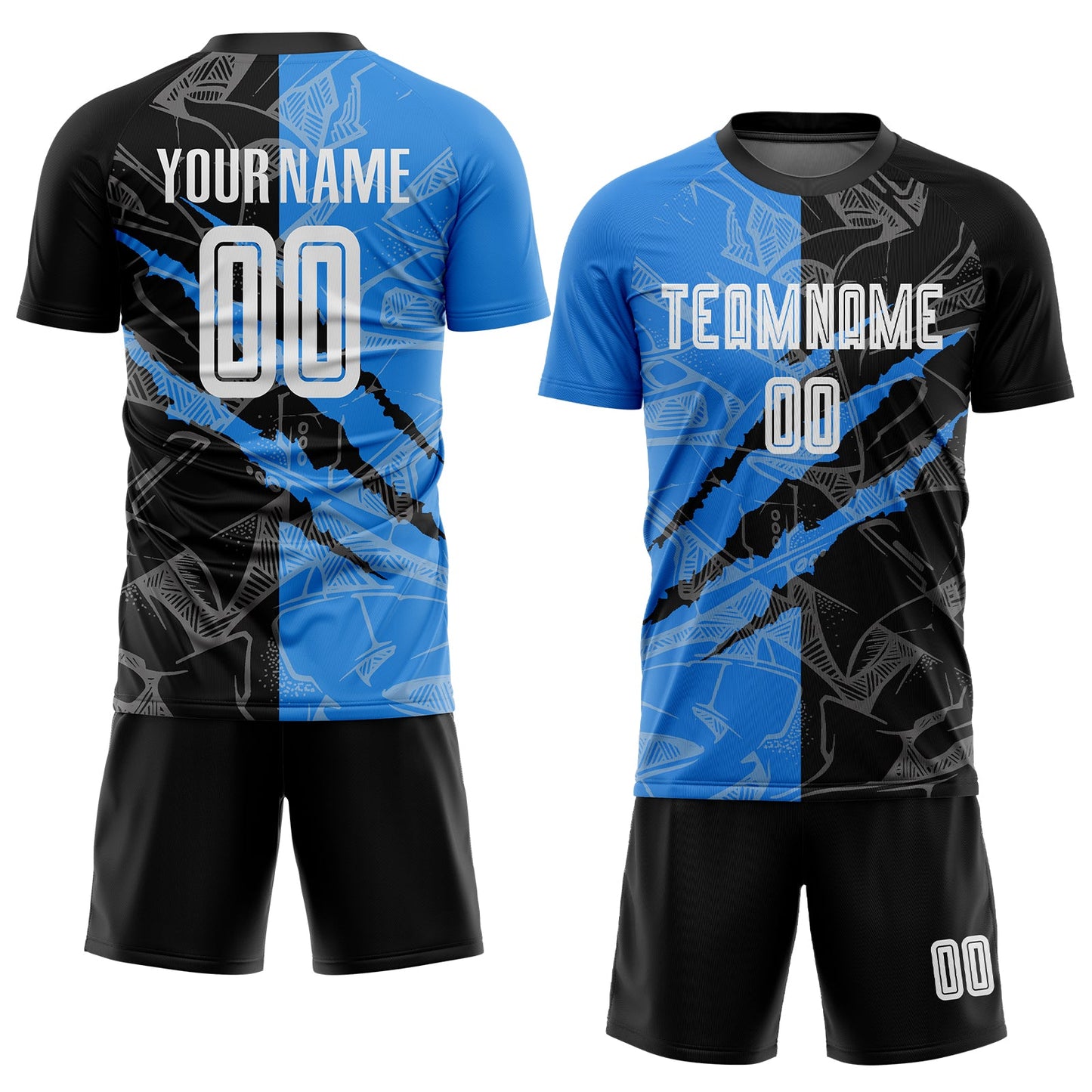 Custom Graffiti Pattern Black-Powder Blue Scratch Sublimation Soccer Uniform Jersey - Sky-Custom
