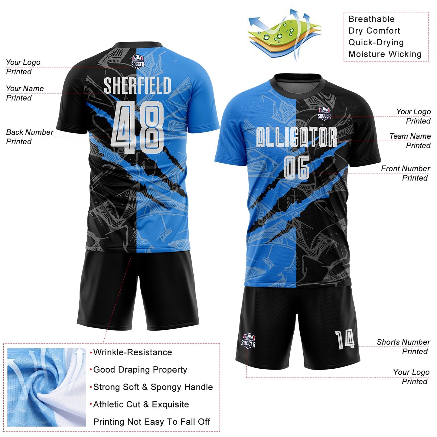 Custom Graffiti Pattern Black-Powder Blue Scratch Sublimation Soccer Uniform Jersey - Sky-Custom