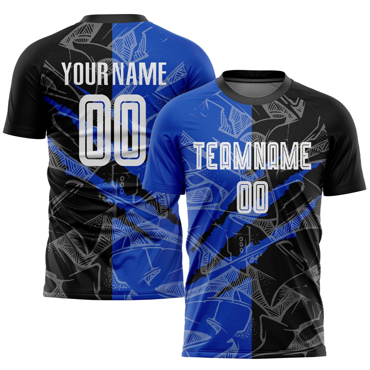 Custom Graffiti Pattern Black-Thunder Blue Scratch Sublimation Soccer Uniform Jersey - Sky-Custom