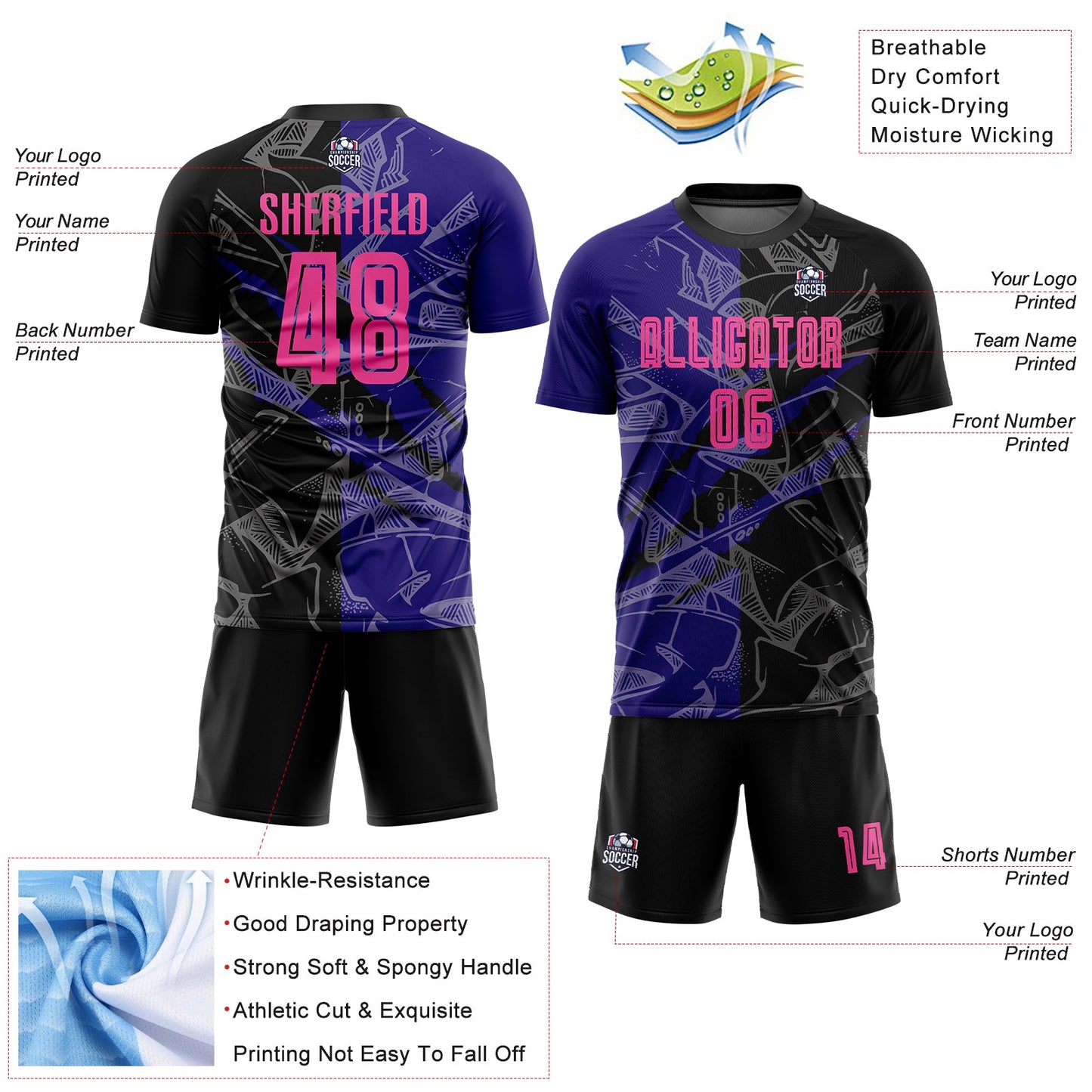 Custom Graffiti Pattern Pink Black-Dark Purple Scratch Sublimation Soccer Uniform Jersey - Sky-Custom