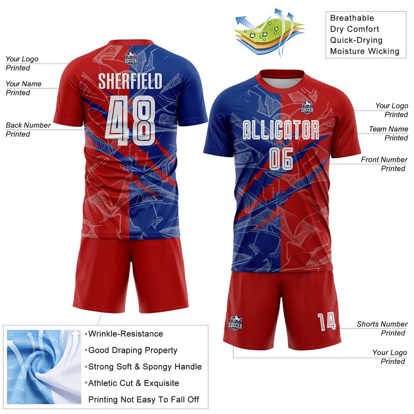 Custom Graffiti Pattern Red-Royal USA Scratch Sublimation Soccer Uniform Jersey - Sky-Custom