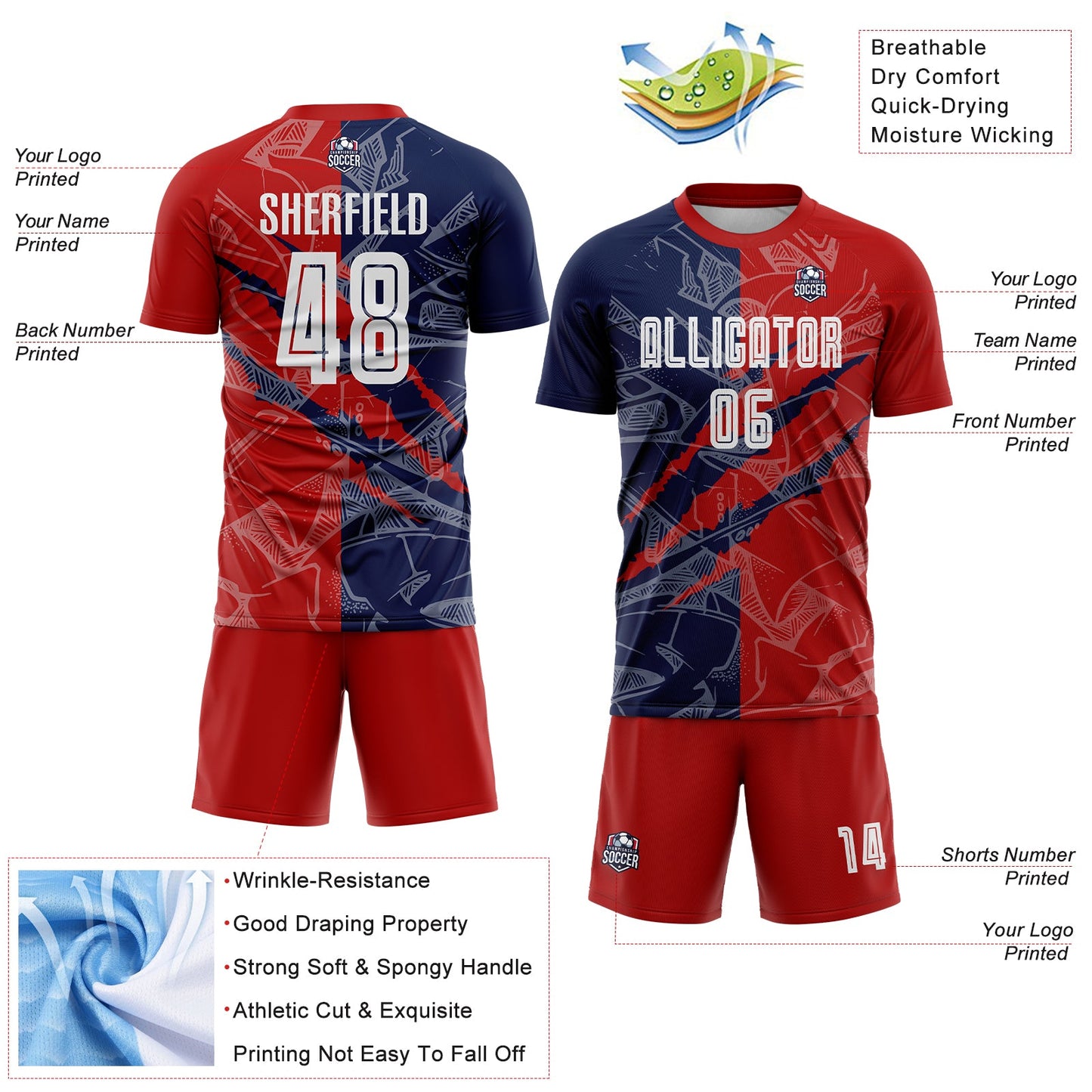 Custom Graffiti Pattern Red-Navy USA Scratch Sublimation Soccer Uniform Jersey - Sky-Custom