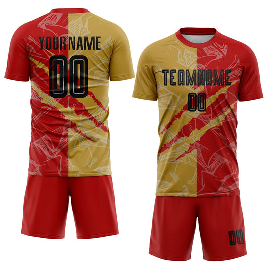 Custom Graffiti Pattern Black Red-Old Gold Scratch Sublimation Soccer Uniform Jersey - Sky-Custom