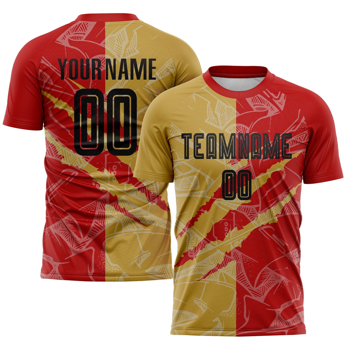 Custom Graffiti Pattern Black Red-Old Gold Scratch Sublimation Soccer Uniform Jersey - Sky-Custom