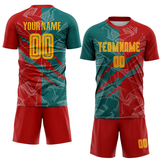 Custom Graffiti Pattern Yellow Red-Teal Scratch Sublimation Soccer Uniform Jersey - Sky-Custom