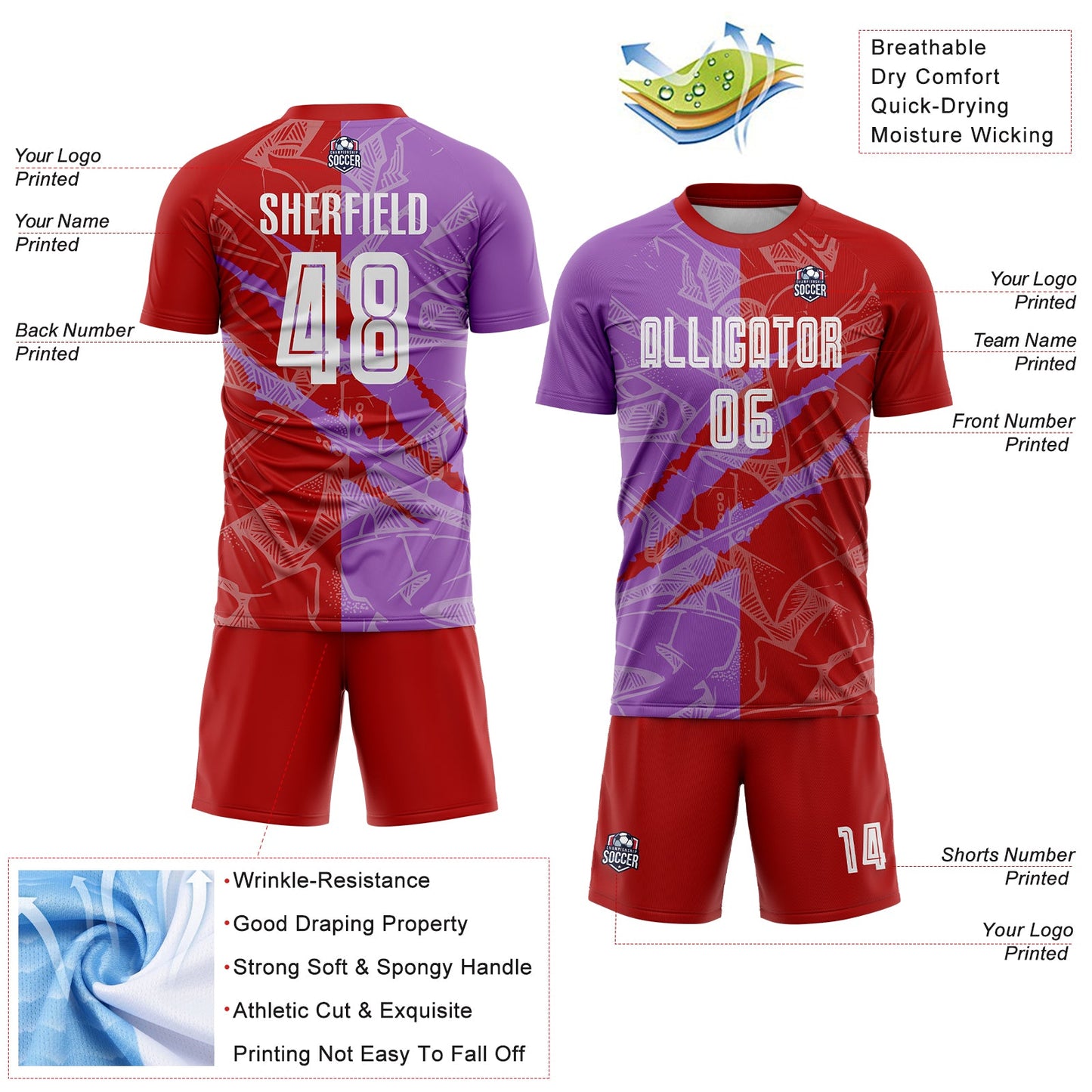 Custom Graffiti Pattern Red-Medium Purple Scratch Sublimation Soccer Uniform Jersey - Sky-Custom
