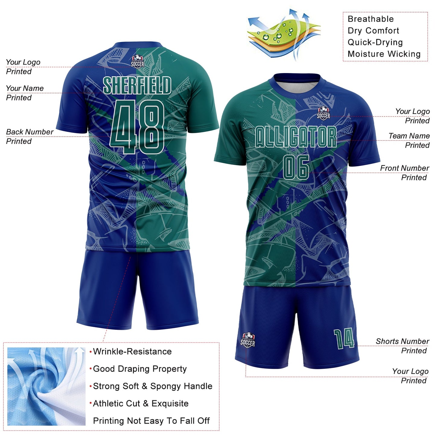 Custom Graffiti Pattern Teal-Royal Scratch Sublimation Soccer Uniform Jersey - Sky-Custom