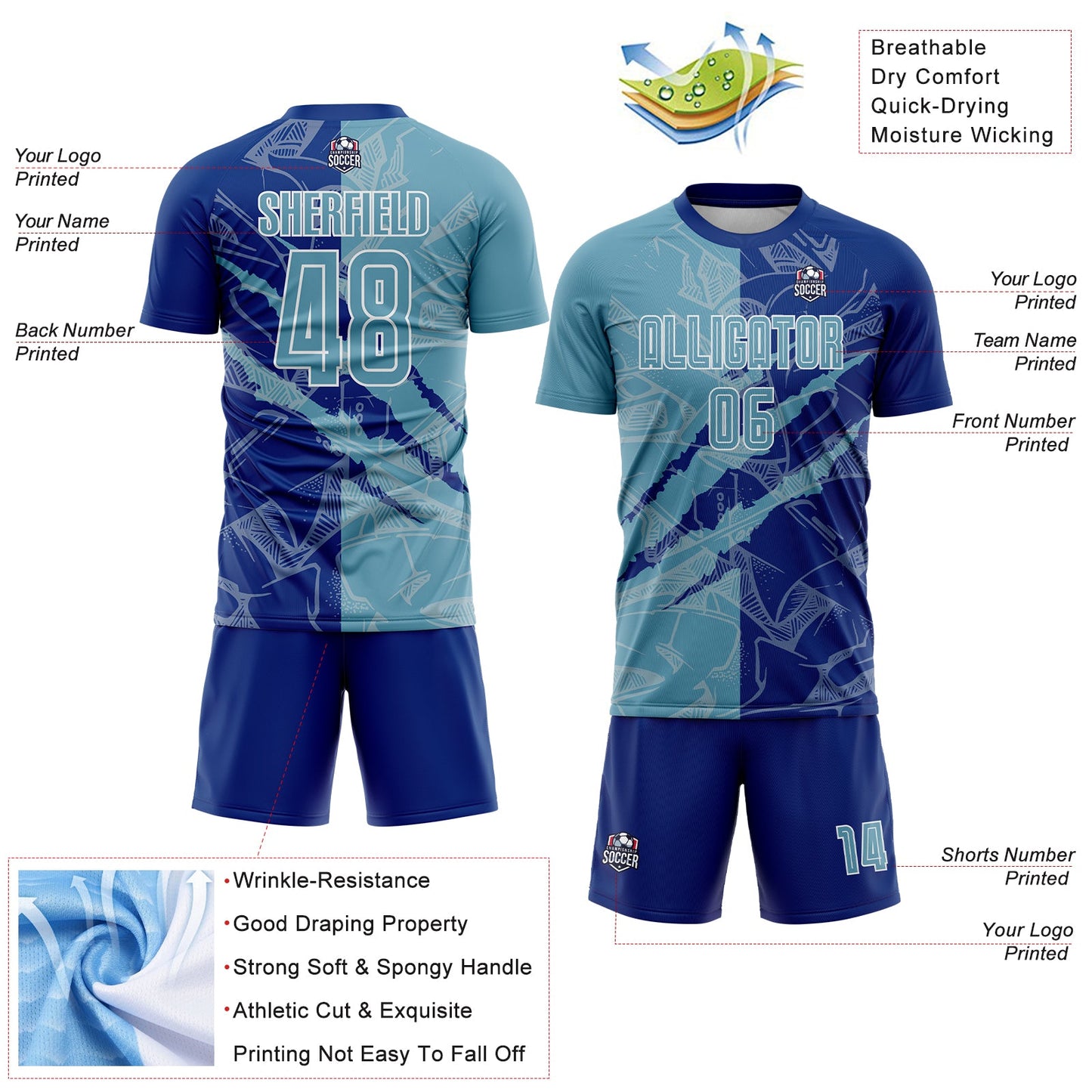 Custom Graffiti Pattern Shadow Blue-Royal Scratch Sublimation Soccer Uniform Jersey - Sky-Custom
