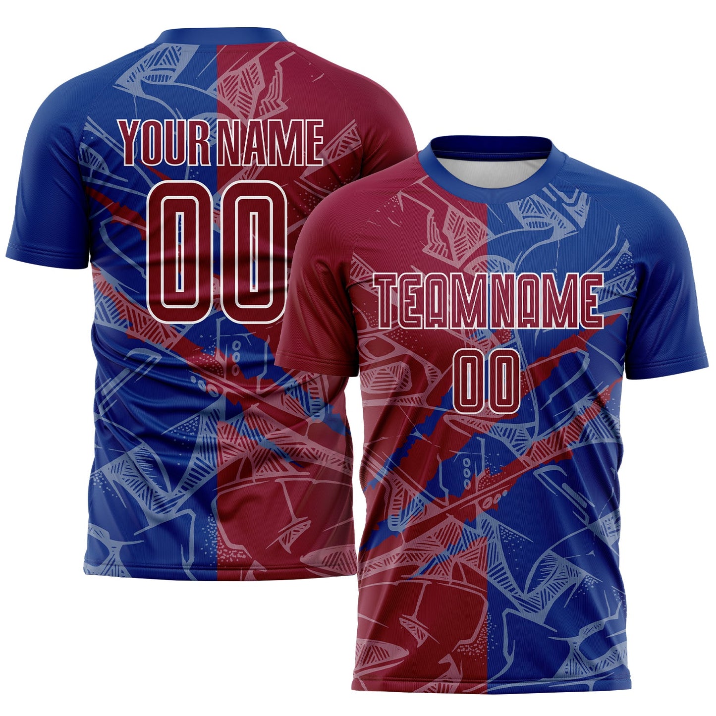 Custom Graffiti Pattern Maroon-Royal Scratch Sublimation Soccer Uniform Jersey - Sky-Custom