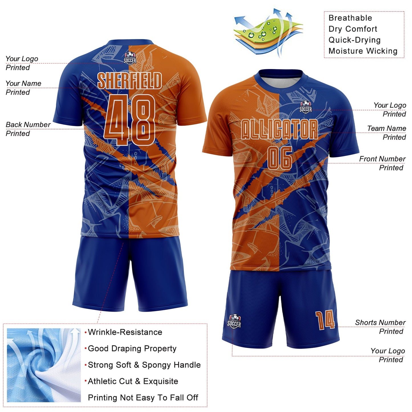 Custom Graffiti Pattern Texas Orange-Royal Scratch Sublimation Soccer Uniform Jersey - Sky-Custom