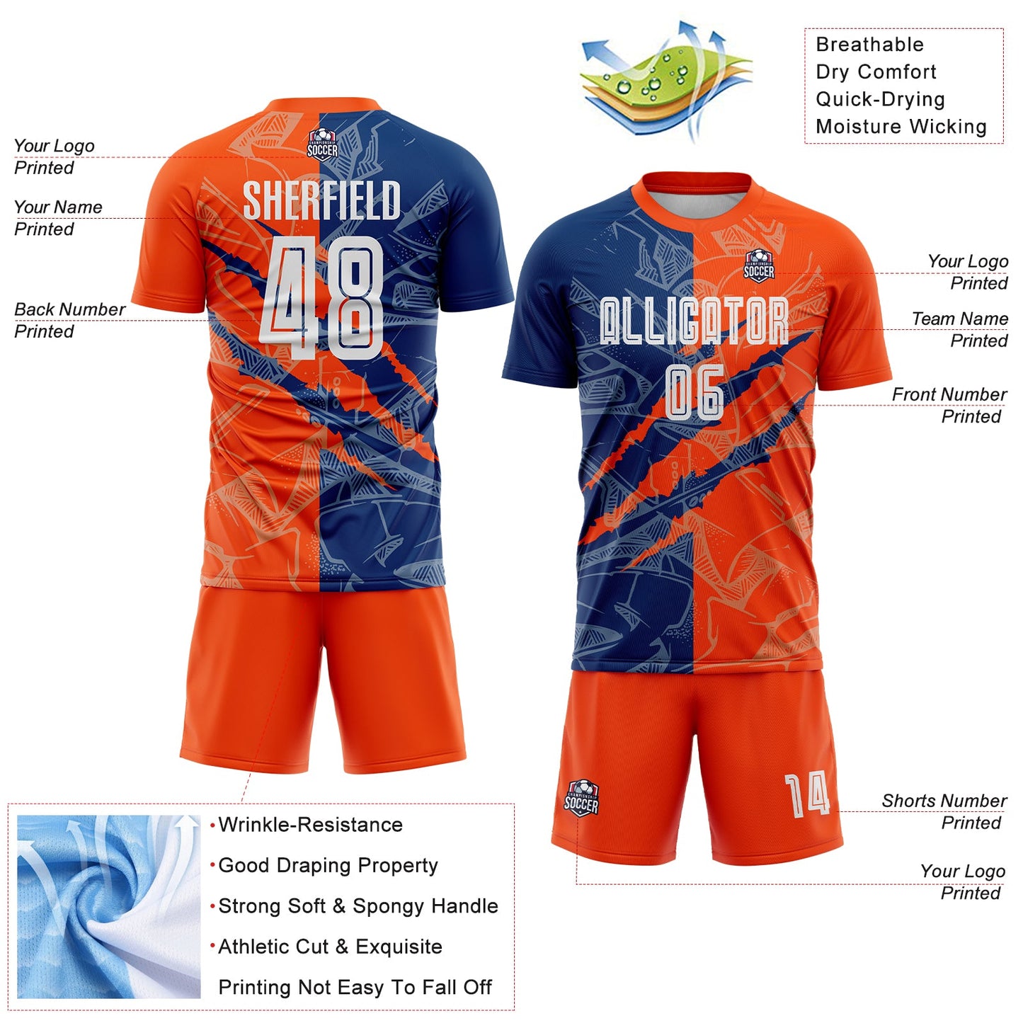 Custom Graffiti Pattern US Navy Blue-Orange Scratch Sublimation Soccer Uniform Jersey - Sky-Custom