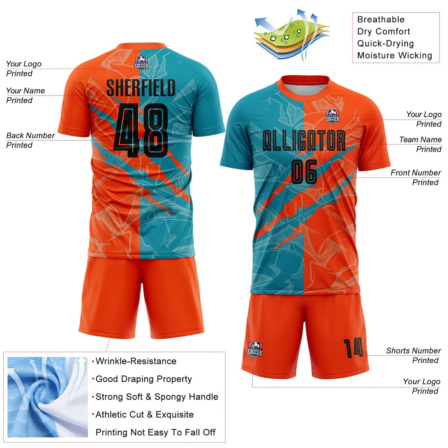 Custom Graffiti Pattern Black Teal-Orange Scratch Sublimation Soccer Uniform Jersey - Sky-Custom