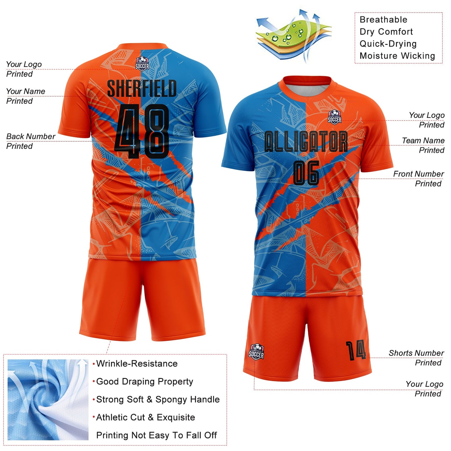 Custom Graffiti Pattern Black Blue-Orange Scratch Sublimation Soccer Uniform Jersey - Sky-Custom